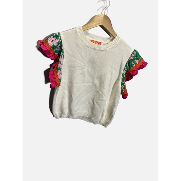 THML Ruffle Sleeve Knit Top Women XS White Excellent Floral Pom Pom WK0174-WH - Picture 3 of 7
